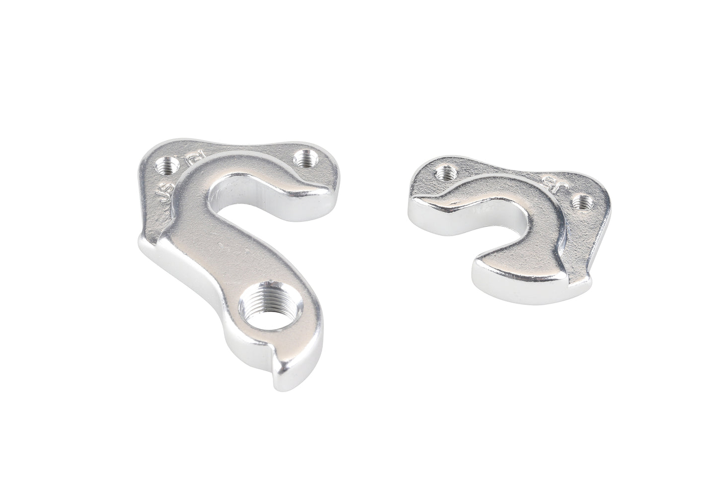 Two Haro MTB silver metal Hanger 2020 Aeras Aire Rivon derailleur hangers are showcased on a white background. Designed for seamless bike frame connection, they feature multiple attachment holes and vary in size, ensuring compatibility with 2020 models.