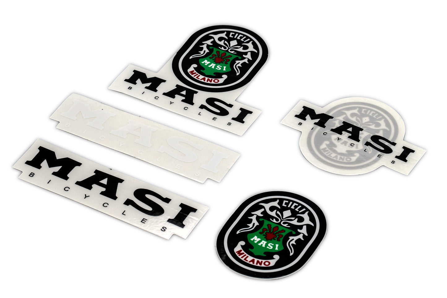 The Masi Sticker Pack by Haro Bikes showcases various stickers featuring logos and text in oval and rectangular shapes, prominently displaying the Masi branding along with a Milano reference.