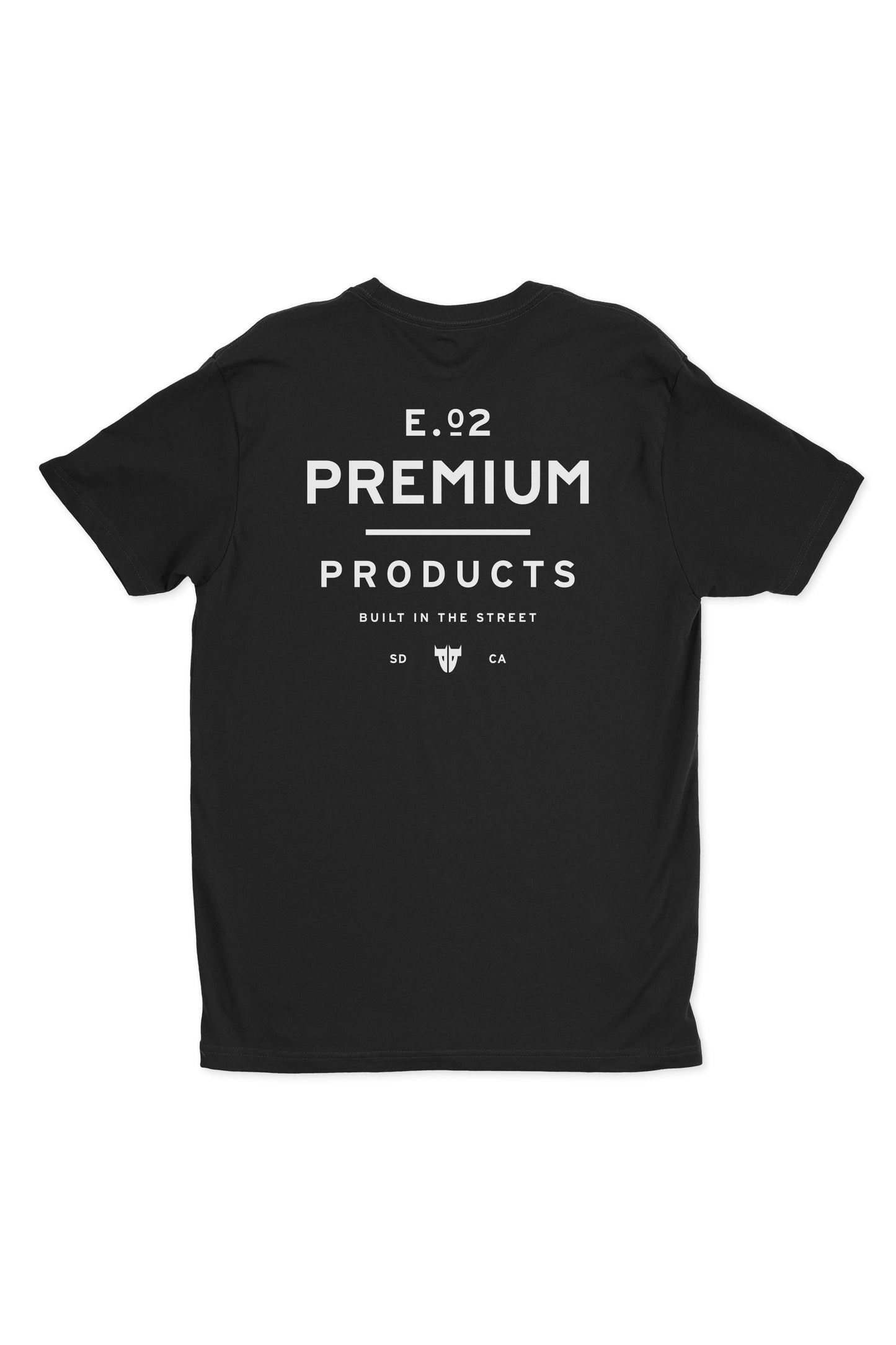 The Premium E02 Shirt Black features white text on the back: E.92 Premium Products, Built in the Street, SD CA. Launched in 2002, this Premium brand shirt offers a simple yet bold design emphasizing striking typography.
