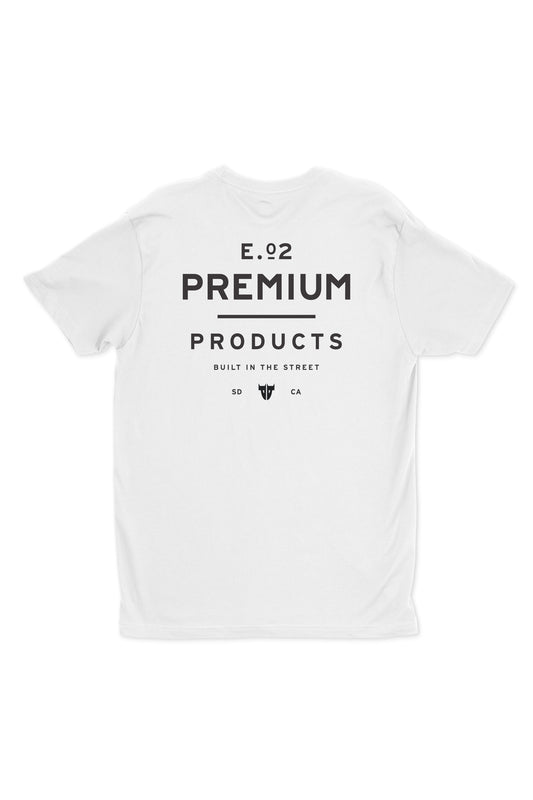 The Premium E02 Shirt White boasts bold black text on the back: E.92 PREMIUM PRODUCTS, with smaller lettering, BUILT IN THE STREET and SD CA. Celebrating its origin from 2002, this classic design enhances your streetwear collection.