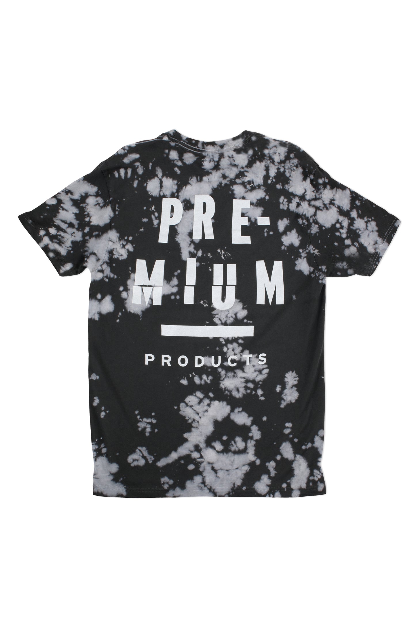 The Premium Stacked & Cracked Shirt by Premium is a black T-shirt with a white tie-dye pattern, featuring bold white letters spelling PREMIUM PRODUCTS across the back.