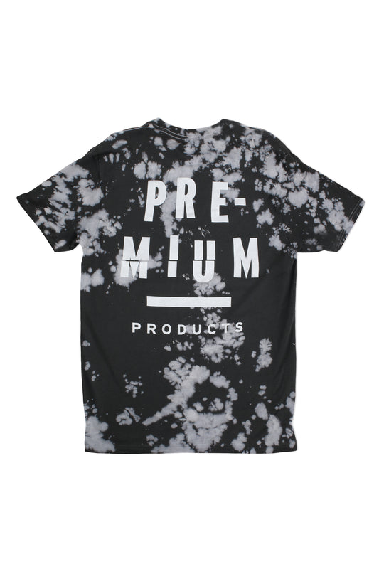 The Premium Stacked & Cracked Shirt by Premium is a black T-shirt with a white tie-dye pattern, featuring bold white letters spelling PREMIUM PRODUCTS across the back.