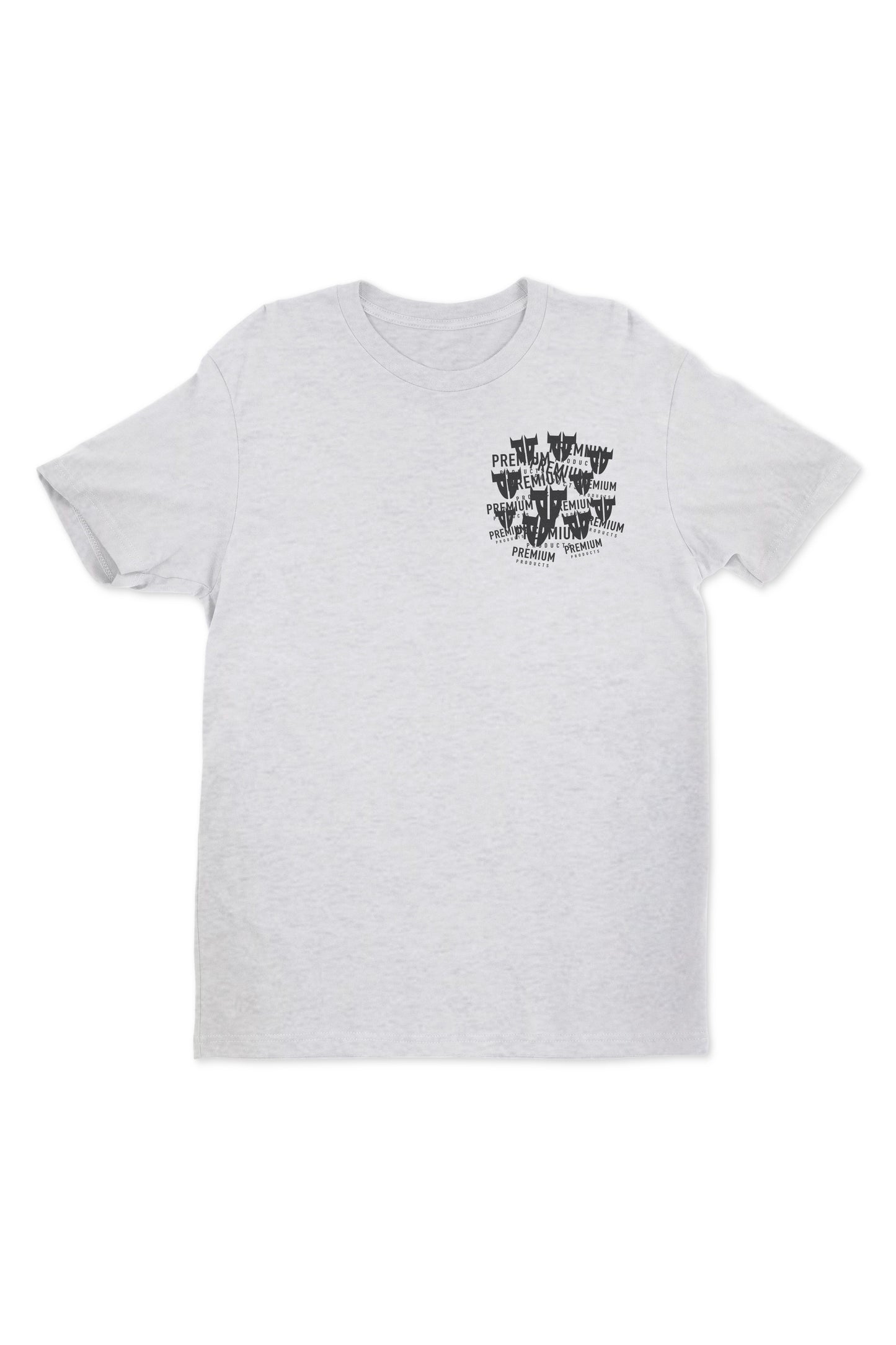 The Premium Trademark Shirt White by Premium is a plain white tee featuring a subtle black text graphic on the front left side, displayed flat against a white background.