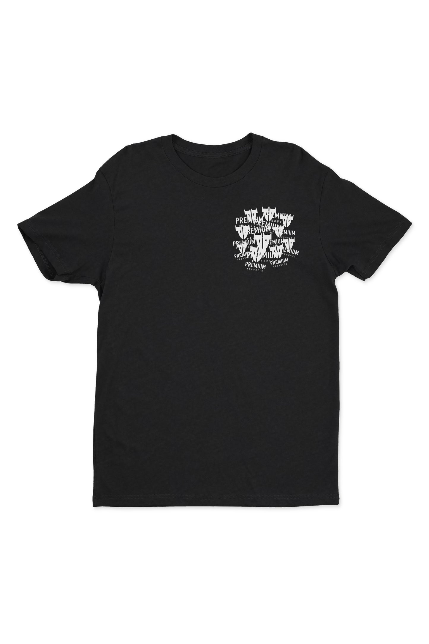 The Premium Trademark Shirt Black by Premium features white text graphics in an abstract pattern on the left chest area, showcased against a plain white background.