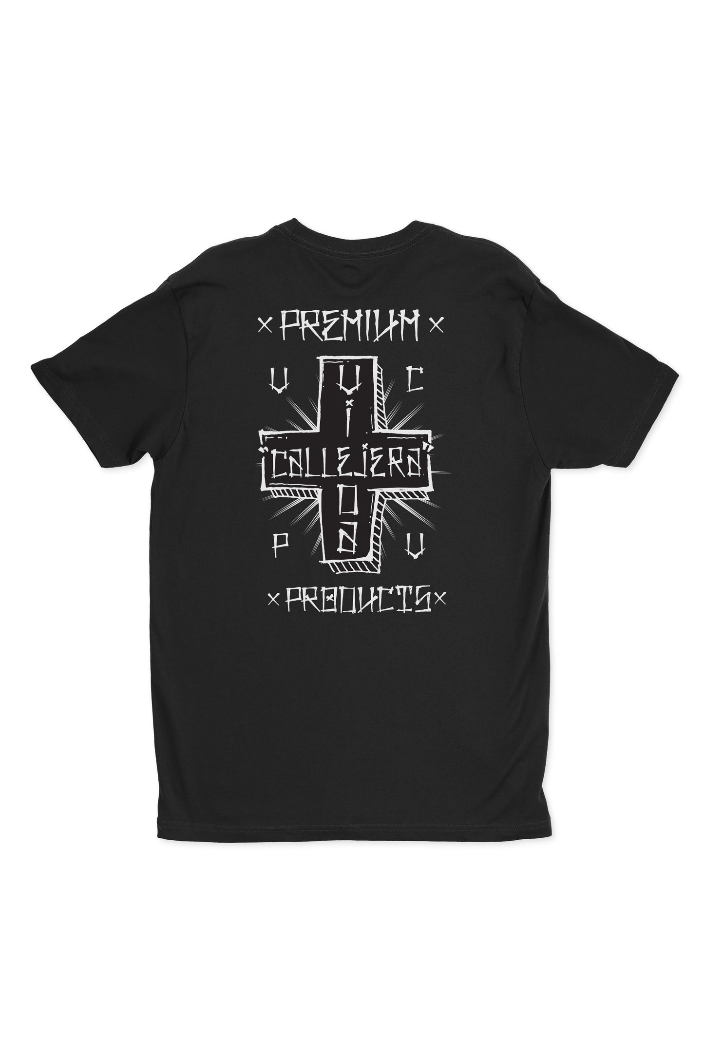 Introducing the Premium Vida Shirt: a black T-shirt featuring Dual Defense technology and a graphic design on the back that reads Premium Callejeros Products in a stylized font. With UPF 20+, its perfect for stylish protection on your adventures.
