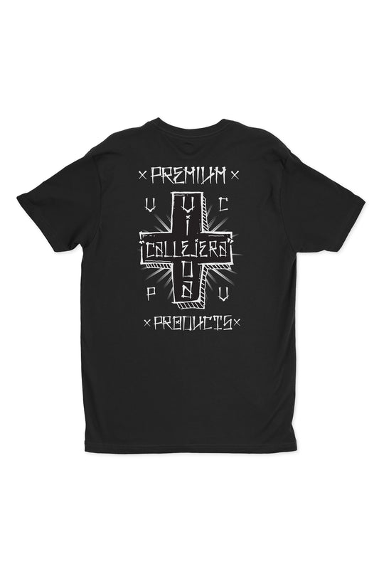 Introducing the Premium Vida Shirt: a black T-shirt featuring Dual Defense technology and a graphic design on the back that reads Premium Callejeros Products in a stylized font. With UPF 20+, its perfect for stylish protection on your adventures.
