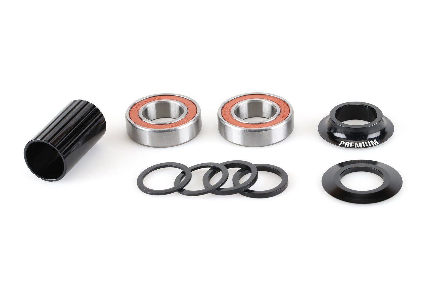 The Premium 22mm Bottom Bracket includes heavy-duty steel bearings with orange inner rings, a black cylindrical cap, four black O-rings, and two black conical components. Ideal for sealed systems or MID bottom brackets.
