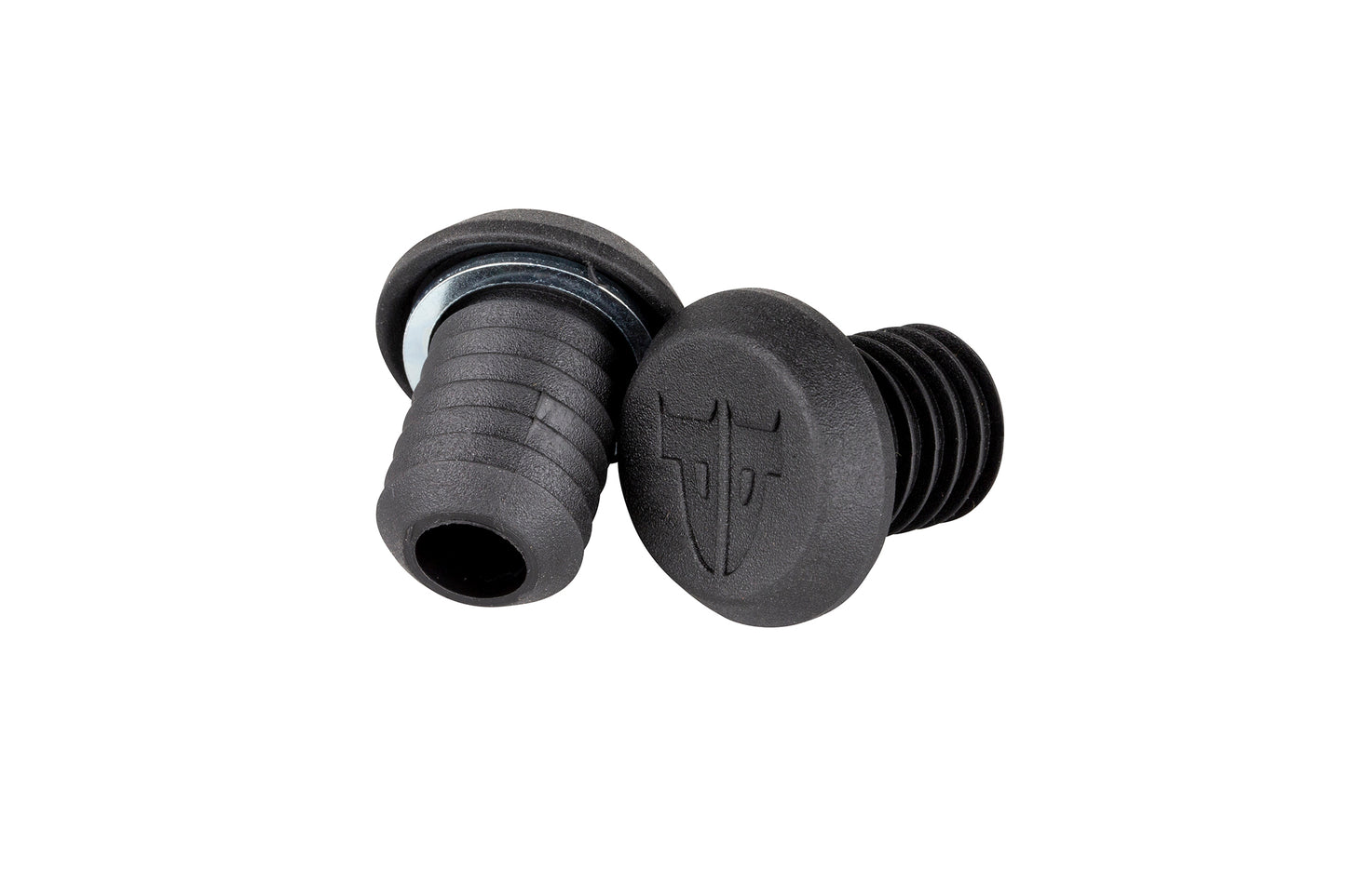 The Premium Bar Ends by Premium feature two black rubber plugs, one upright and one on its side. Each has a ridged grip and a debossed logo, designed to fit into bicycle handlebar ends.
