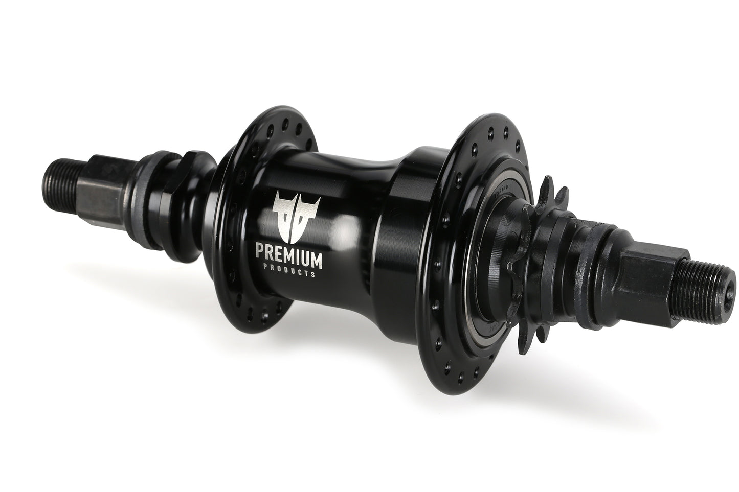 The Premium Freecoaster Rear Hub features multiple spoke holes and threaded ends for attachment. Highlighted against a white background, its sleek design shows CNC-machined alloy with sealed bearings, labeled under Premiums brand, emphasizing the metallic finish.