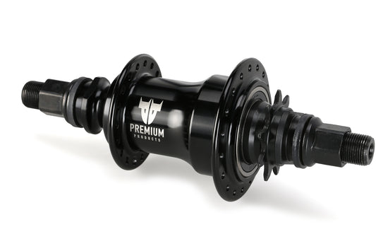 The Premium Freecoaster Rear Hub features multiple spoke holes and threaded ends for attachment. Highlighted against a white background, its sleek design shows CNC-machined alloy with sealed bearings, labeled under Premiums brand, emphasizing the metallic finish.