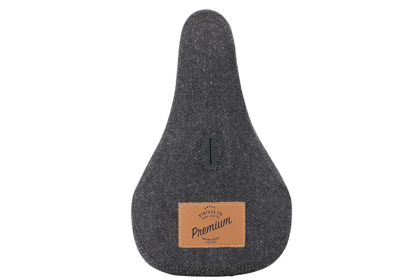 The Premium Denim Pivotal Seat by Premium features a dark gray, textured fabric cover with a brown leather patch at the back displaying Premium and an emblem. It boasts a modern, ergonomic design.