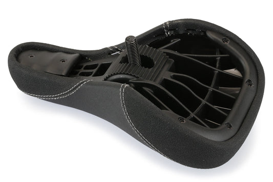 Close-up of the Premium Pivotal Seat by Premium, showcasing its black padded seat with a stitched fabric cover, visible mounting bolt, plastic support structure, and gripper nose for enhanced comfort and stability.