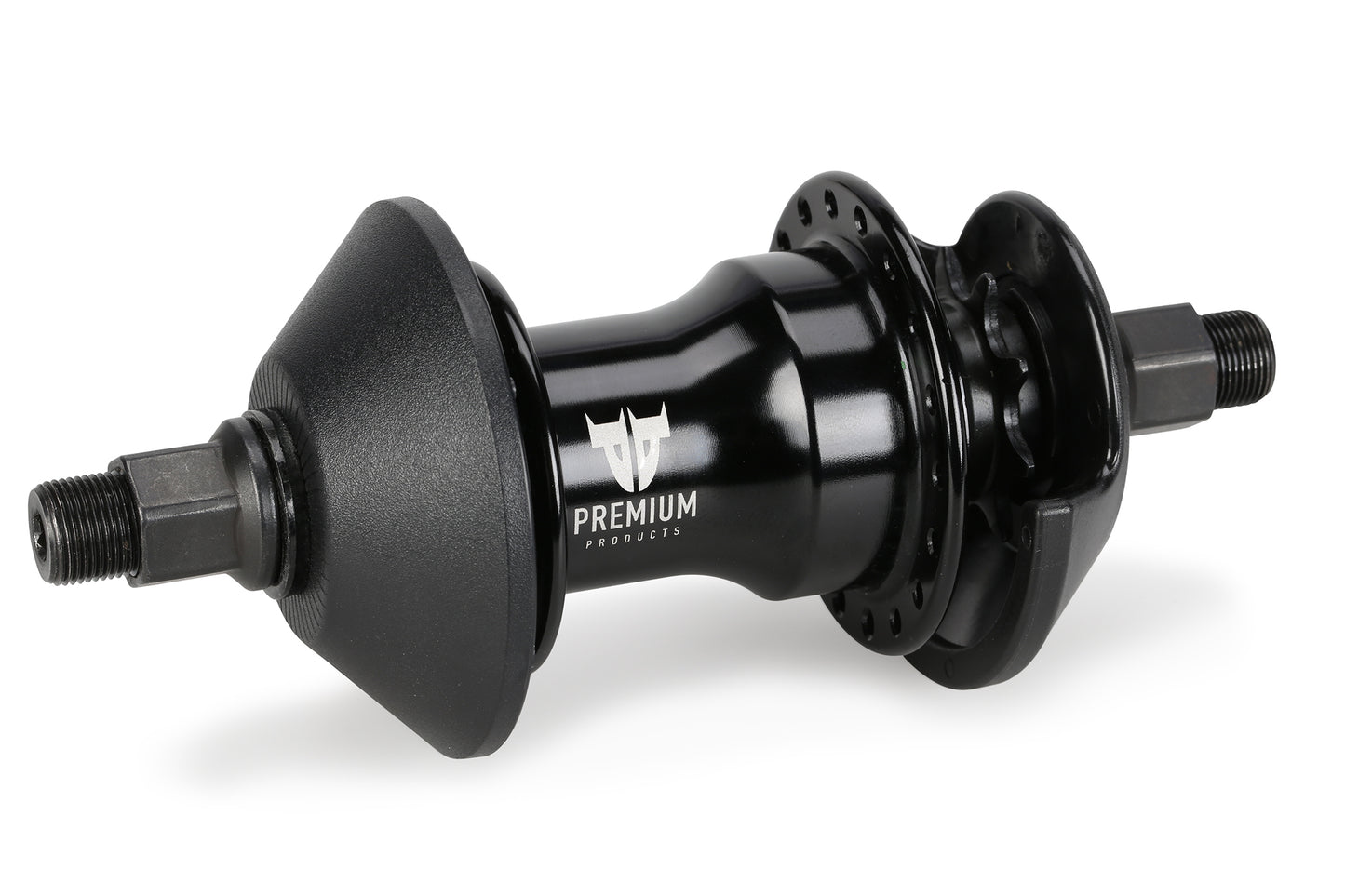 The Premium Planetary Rear Hub by Premium sports a matte black finish with their logo, featuring two pegs for tricks. It includes spokes and threaded ends, offering performance comparable to both cassette hubs and freecoasters.