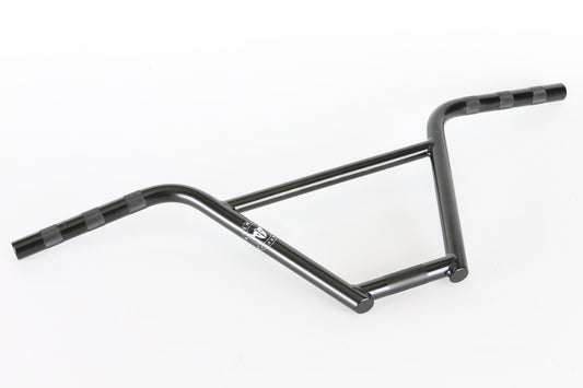 The Premium Rasp 4pc Bars, a black BMX handlebar with a crossbar, features a glossy finish, subtle grip patterns on ends, an anti-slip grip, and knurled clamp area for security against a plain white background.
