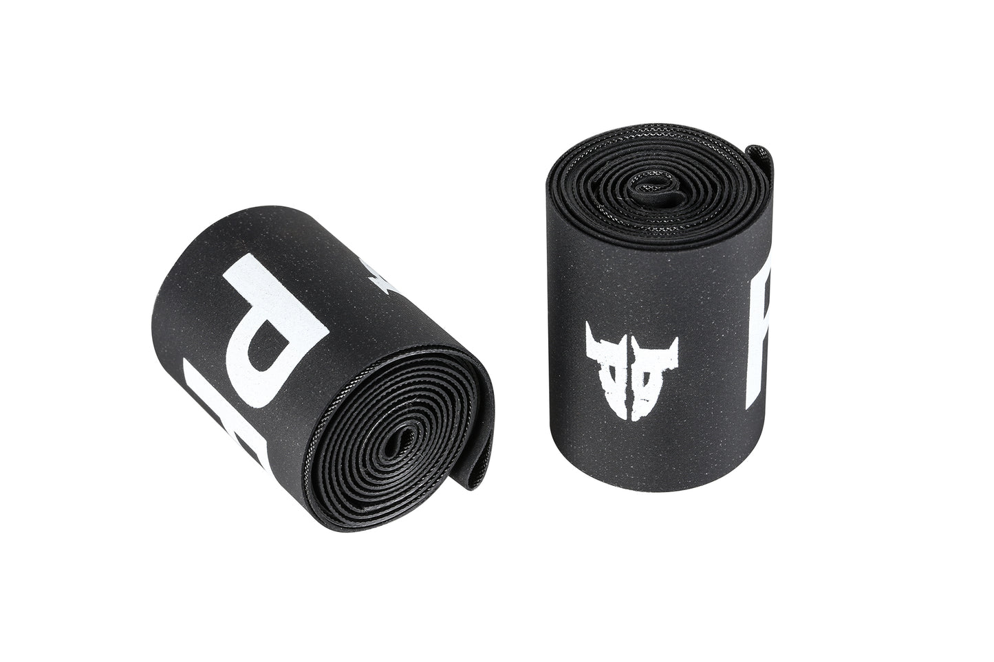 Two rolls of black handlebar tape with white logos are showcased on a white backdrop, highlighting their texture and thickness—ideal for your Premium Rim Strip.