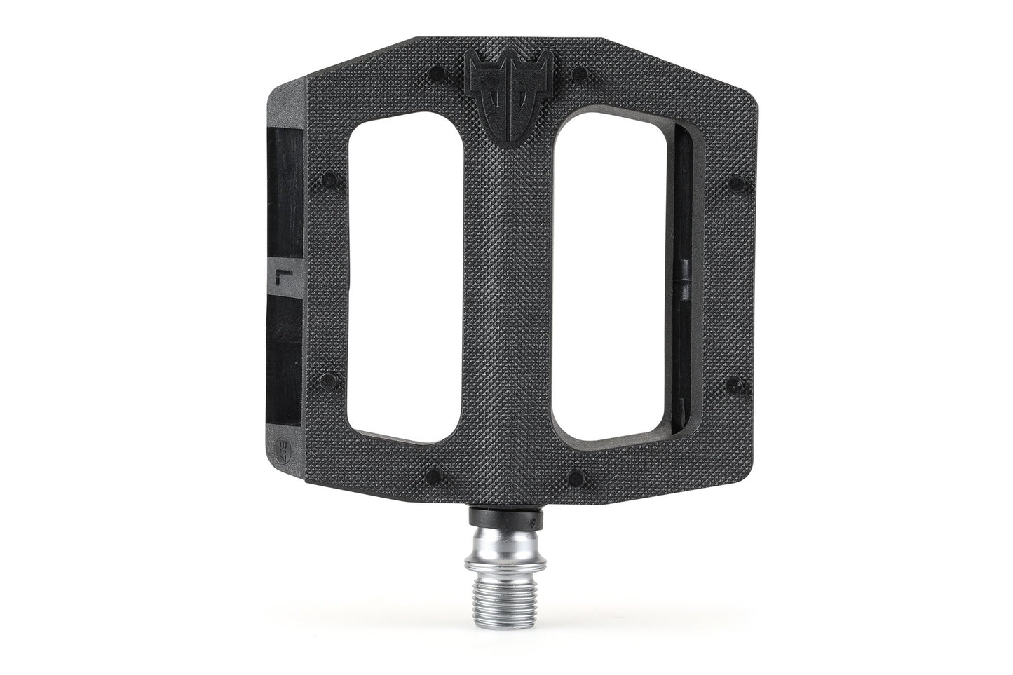 The Premium Slim Plastic Pedals feature a durable black polycarbonate body with a textured finish and Cr-Mo spindle. Their open rectangular design includes an embossed logo, displayed vertically on a plain white background.