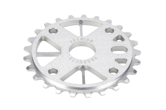 A close-up of the Premium Classic Sprocket by Premium shows an aluminum metallic bicycle sprocket with twenty-two teeth and five symmetrical cut-out sections. The center reads PREMIUM PRODUCTS and it is designed without a sprocket guard.