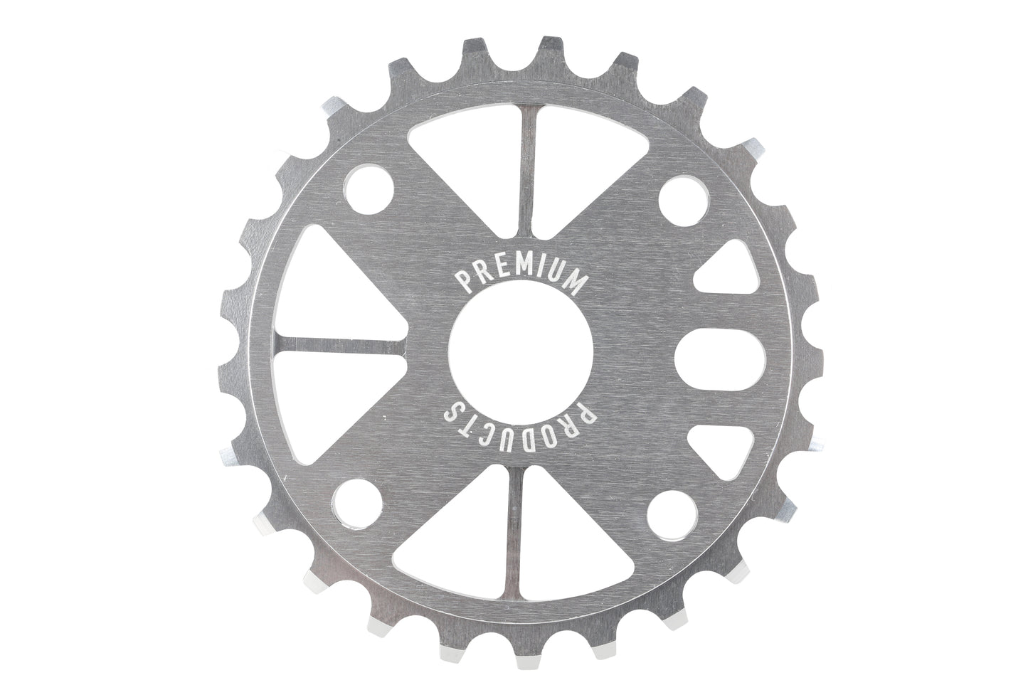 The Premium Classic Sprocket by Premium is a silver titanium sprocket with multiple teeth, a symmetrical design, cut-out sections, and PREMIUM PRODUCTS engraved in the center. It blends performance and durability with an enhanced sprocket guard for flawless protection.
