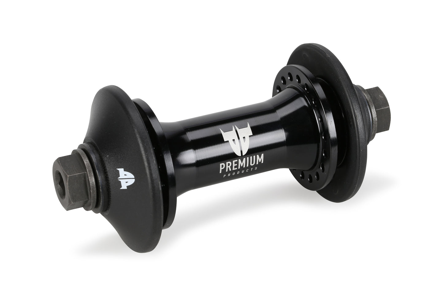 The Premium Team Front Hub by Premium is a black lightweight bicycle hub with a white logo. It features durable sealed construction, flanges for spokes on both ends, and hexagonal axle nuts. Designed for street riding, it has a sleek glossy finish.