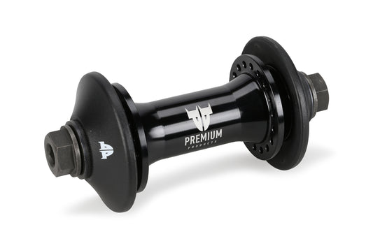 The Premium Team Front Hub by Premium is a black lightweight bicycle hub with a white logo. It features durable sealed construction, flanges for spokes on both ends, and hexagonal axle nuts. Designed for street riding, it has a sleek glossy finish.