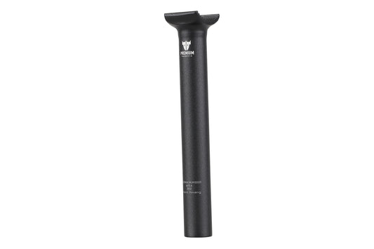 The Premium Team Pivotal Seatpost by Premium is a black, cylindrical seat post with a logo near the top. It features a smooth design and includes an upper clamp for easy seat installation and adjustment.