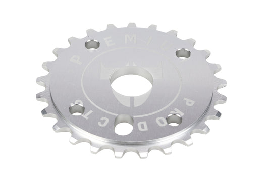 The Premium Team Sprocket by Premium is a silver metal chain sprocket featuring engraved text around the central hole, multiple teeth along its edge, and four smaller holes around the center.