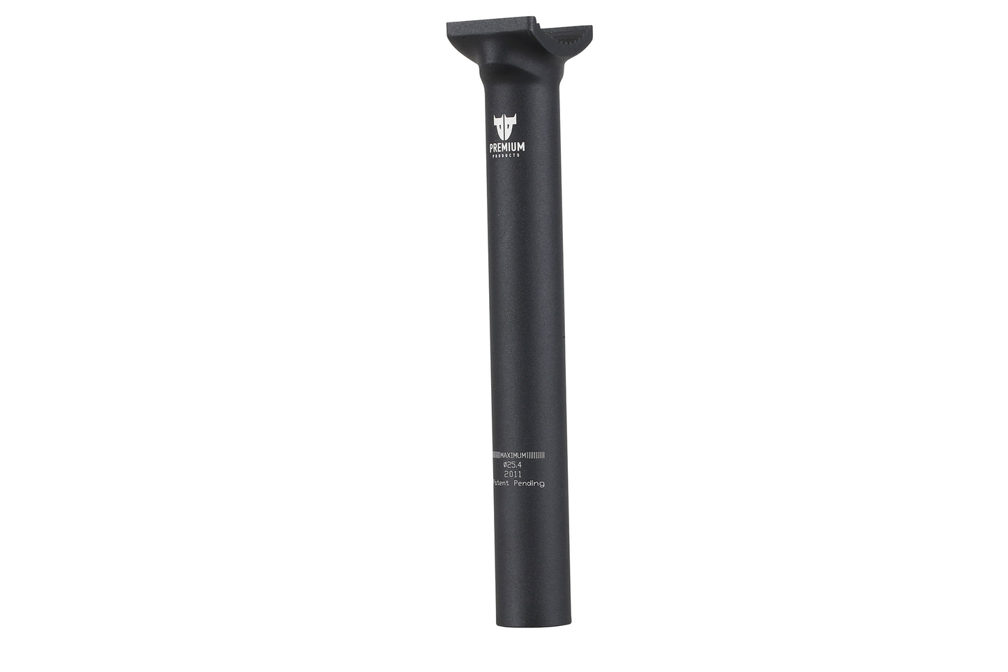 The Premium Team Stealth Seatpost by Premium features a minimal black design with a small logo near the top; its slim, cylindrical, and perfect for securing a bicycle saddle.