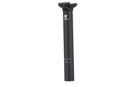 The Premium Team Stealth Seatpost by Premium features a minimal black design with a small logo near the top; its slim, cylindrical, and perfect for securing a bicycle saddle.