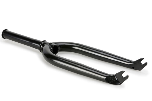The Premium Varanyak Fork is a black bicycle fork with a glossy finish, featuring two prongs with dropouts for attaching wheels. It has a short 20mm offset, perfect for technical riding, and its design highlights the angled steering tube and curved fork structure.