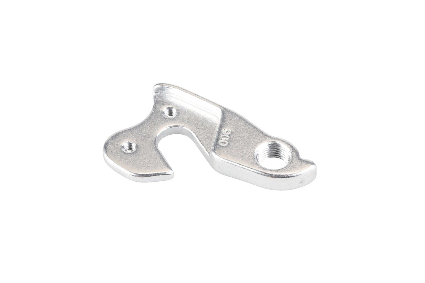 The Haro MTB Hanger 2020 Double Peak 275/29 - Lxi Flow 2/3 is a silver metal derailleur hanger, ideal as a replacement, featuring an attachment hole and showcased on a plain white background.