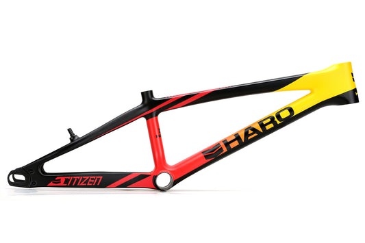 Haros Citizen Carbon frame, red-to-yellow gradient, CNC alloy dropouts, bold Haro letters.