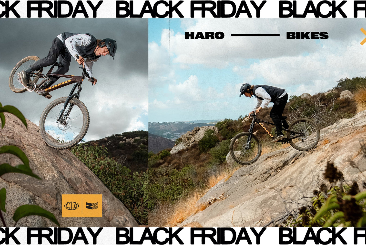 Two people ride mountain bikes down rocky hillsides under a blue sky. The image features BLACK FRIDAY and HARO BIKES text, with logos and a natural outdoor landscape in the background.