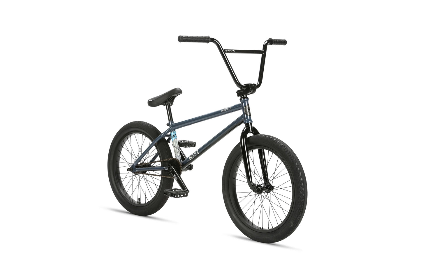A black and blue Hoover BMX bike with thick tires and chromoly frame, perfect for technical rides, on a white background.