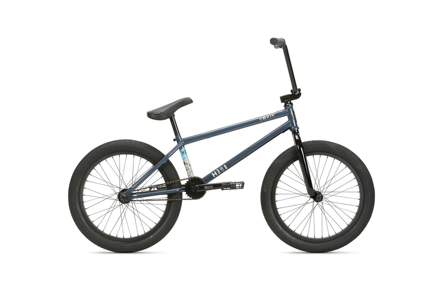 A blue Hoover BMX bike with a chromoly frame, black wheels and seat, shown from the side on a white background.