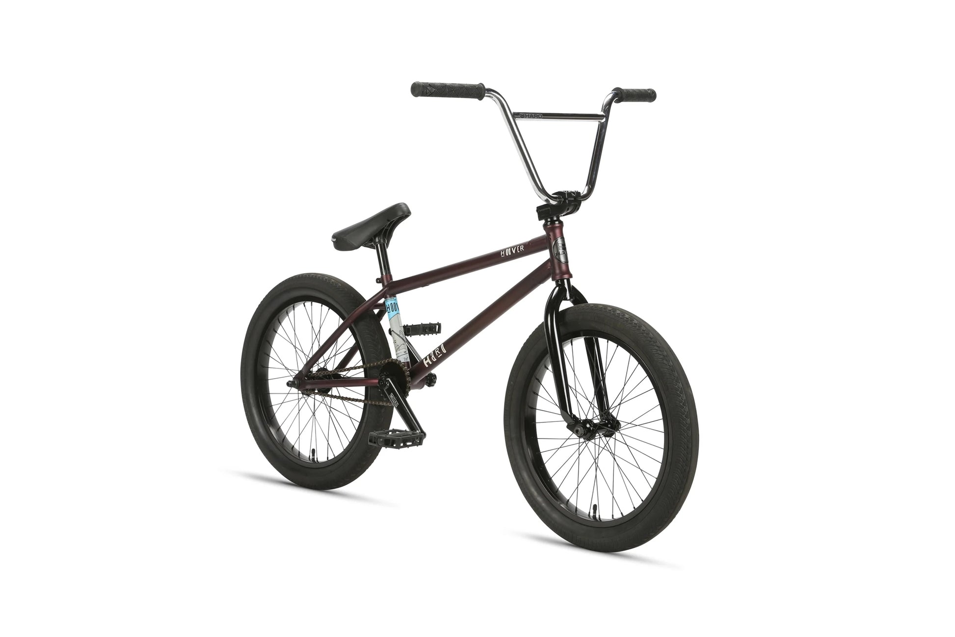 The Hoover BMX bike features a maroon and black design, rear pegs, and a tough chromoly frame, displayed on a white background.