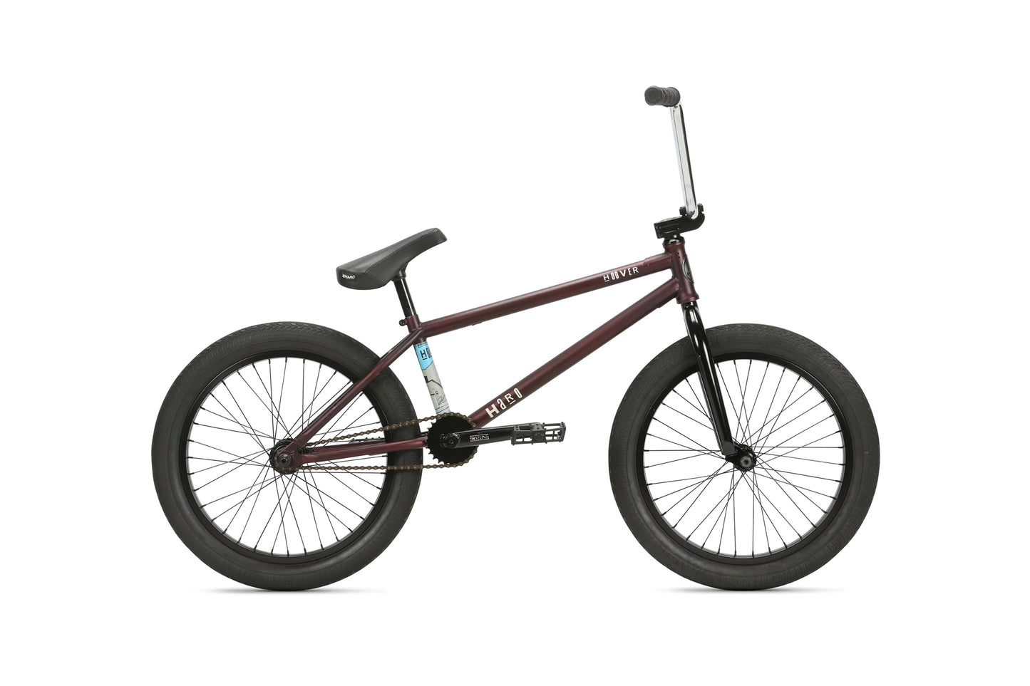 A maroon Hoover BMX with a chromoly frame, black tires, and silver handlebars is shown from the side against a white background.