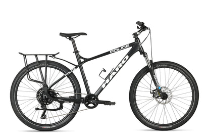 A black Haro MTB model PD1 27.5 mountain bike features Police on the frame, a tough build, thick tires, rear cargo rack, front suspension fork, multiple gears, and disc brakes—ideal for rugged terrain often patrolled by police.