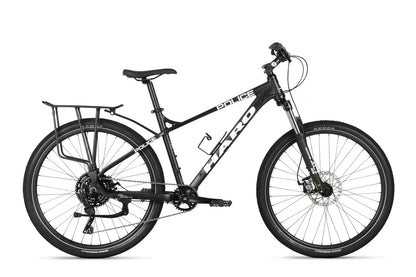 A black Haro MTB PD2 27.5 mountain bike featuring POLICE branding, Suntour fork, Microshift drivetrain, disc brakes, and a rear rack is displayed against a plain white background.