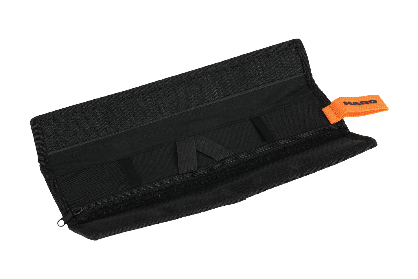 Buzzard Internal Frame Bag: Black neoprene pouch with Velcro closure, orange tag, open view shows optimal space for your essentials.