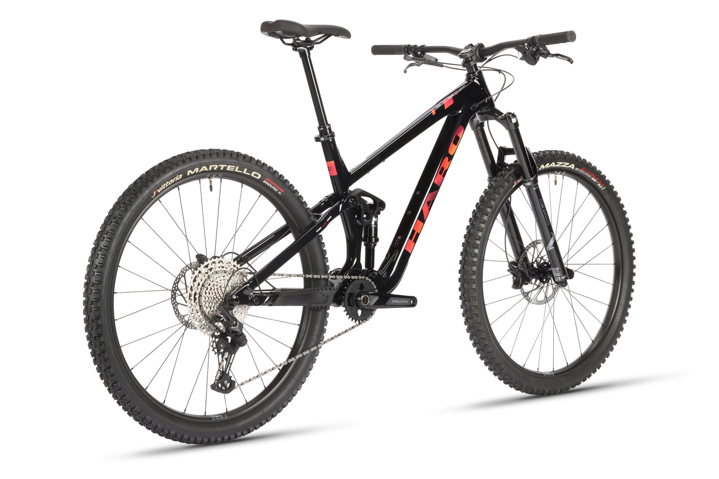 The Daley Alloy 2 by Haro MTB is a black all-mountain 29er bike with thick tires and a durable aluminum frame. It features striking red accents, rear suspension, and an advanced gear system. Pictured against a plain white background, its perfect for tackling tough terrains—a true powerhouse.