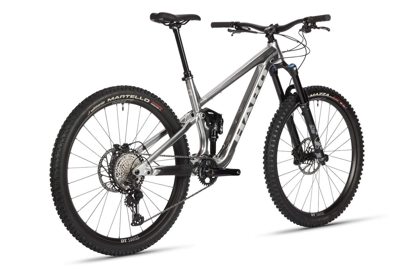 The Daley Alloy LTD 2 by Haro MTB is a sleek mountain bike featuring a metallic frame, two knobby tires, and a comfy saddle. This limited edition model includes Fox suspension, disc brakes, and a suspension fork—ideal for off-road cycling adventures.