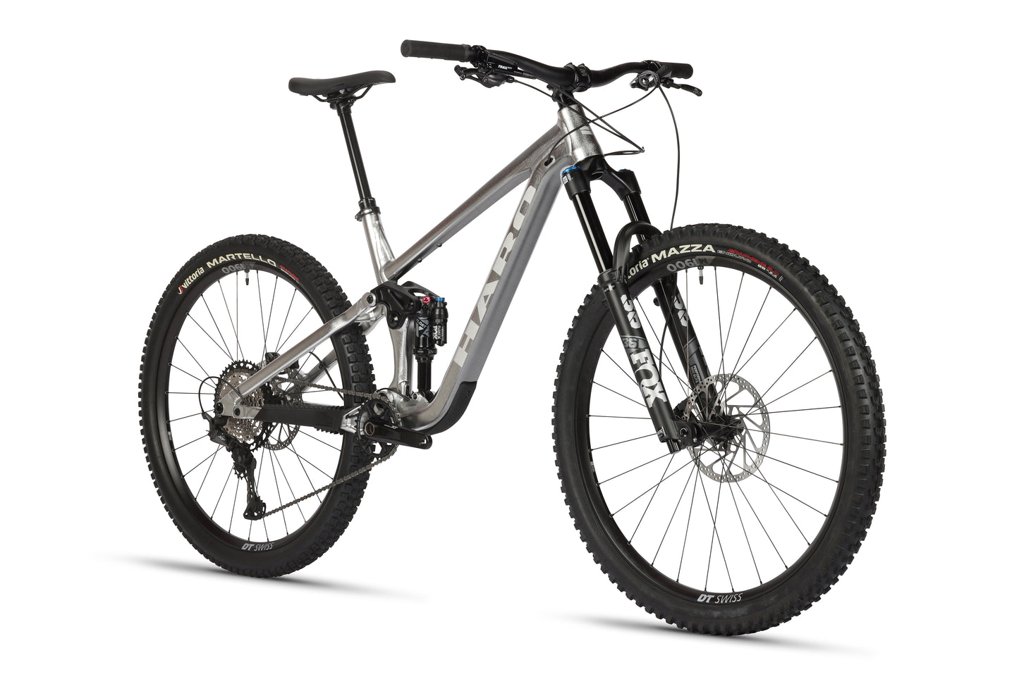 A sleek, modern Haro MTB Daley Alloy LTD 2 mountain bike in silver featuring full Fox suspension, wide tires, and hydraulic disc brakes. It showcases a sturdy handlebar and is positioned at a three-quarter angle against a plain white background as part of this limited edition release.