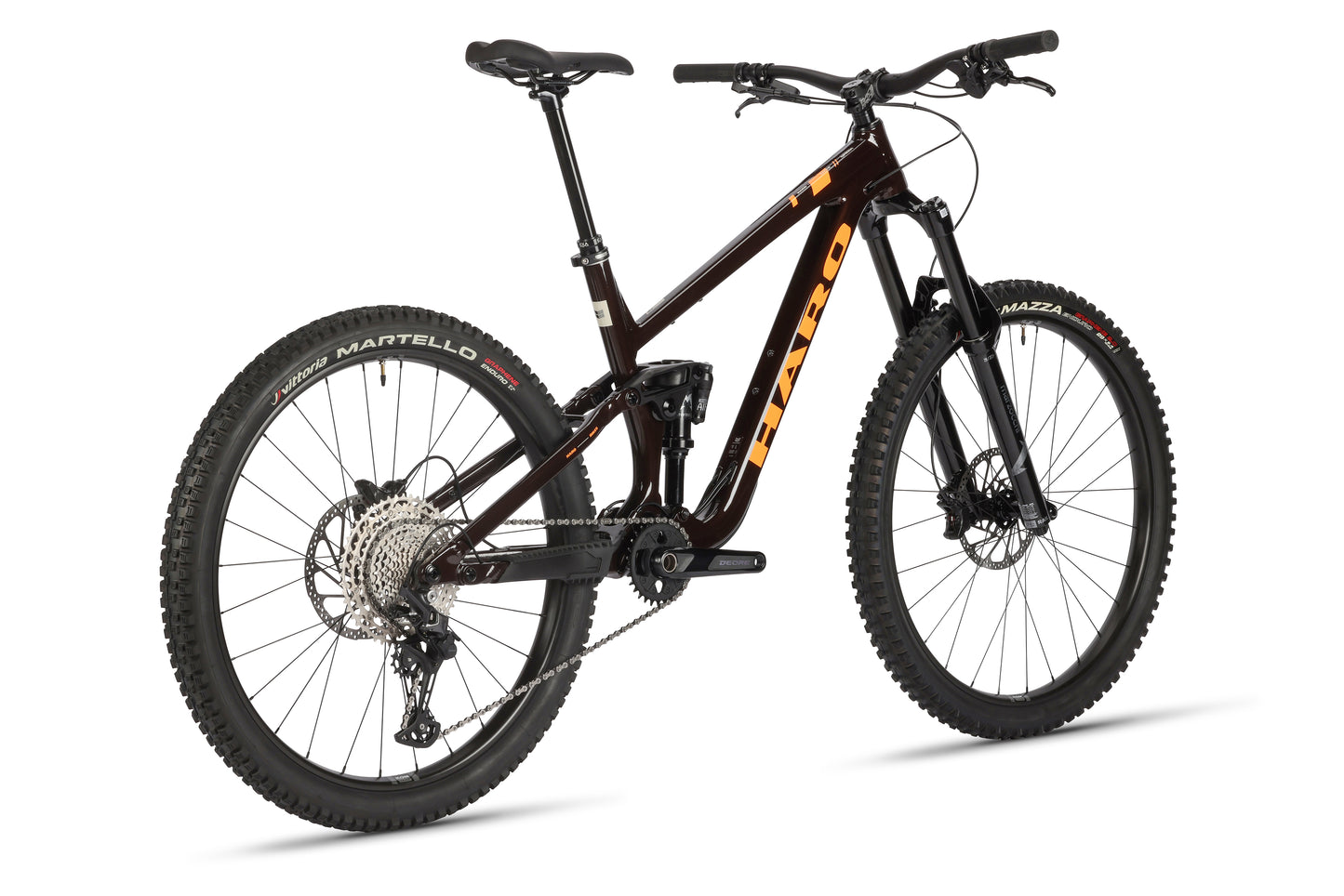 The Greer Alloy 2, a sleek black mountain bike by Haro MTB, features a performance alloy frame, large tires, and a suspension fork. With disc brakes and a padded seat, Haro appears boldly in striking orange on the frame. It stands against a white background, highlighting its robust design.