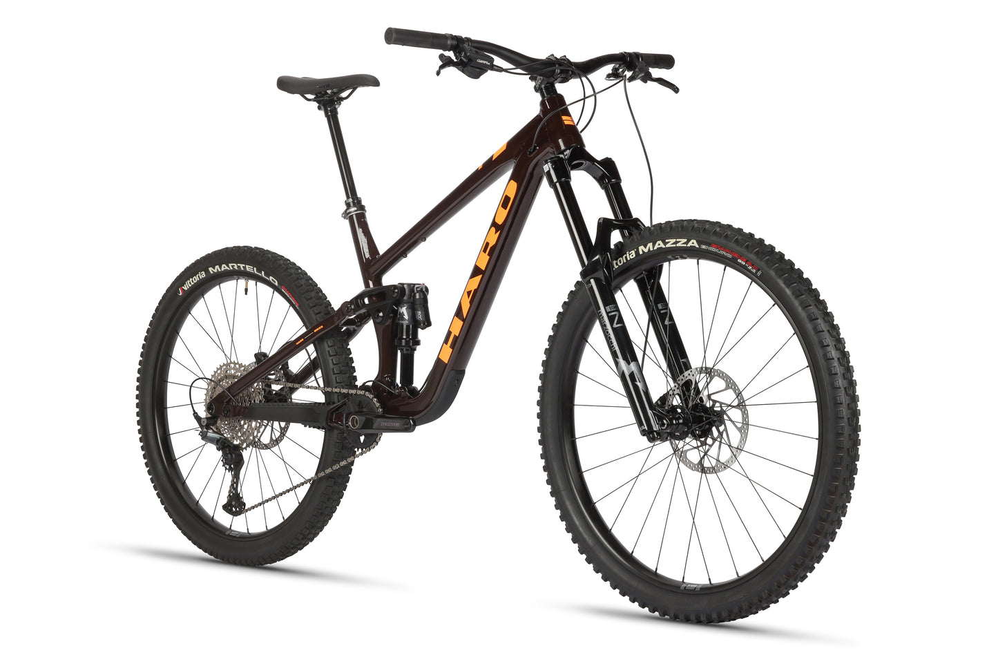 The Haro MTB Greer Alloy 2 is a black mountain bike with a performance alloy frame, thick tires, front and rear suspension, disc brakes, off-road gears, and mullet wheel configuration. The brand name is prominently displayed on the frame.