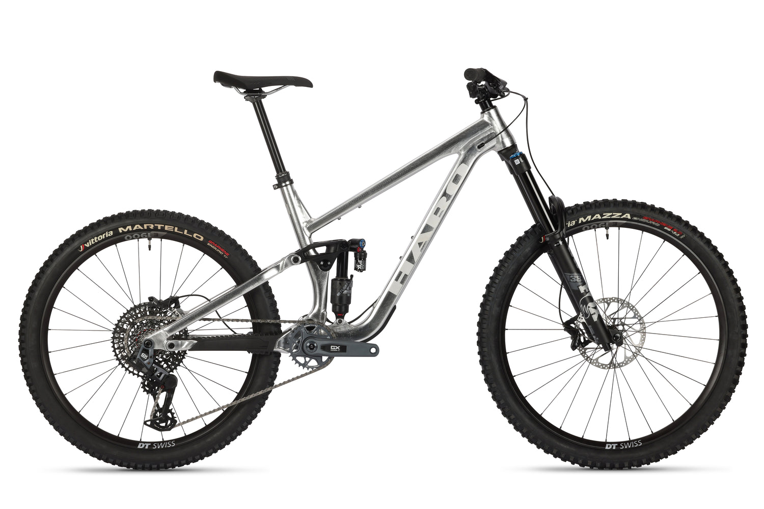 A Greer Alloy LTD 1 full-suspension MTB with Fox suspension, thick tires, and disc brakes shown side view on white background.