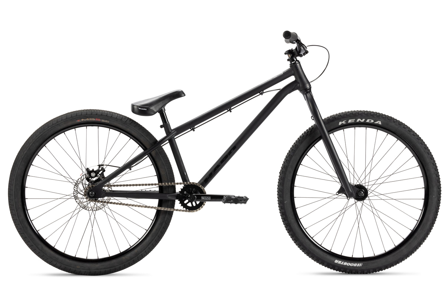 The Steel Reserve 1 is a matte black, BMX-style dirt jumper with thick tires, single gear, flat pedals, and no suspension.
