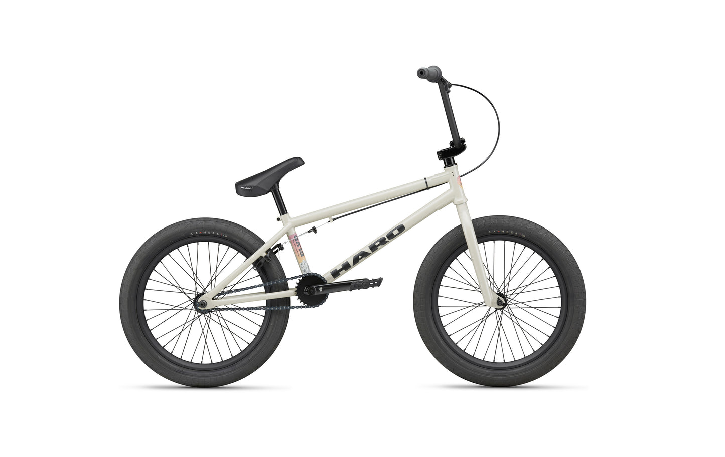 The Haro BLVD BMX in white with black wheels, handlebars, and seat is shown in profile on a white background.