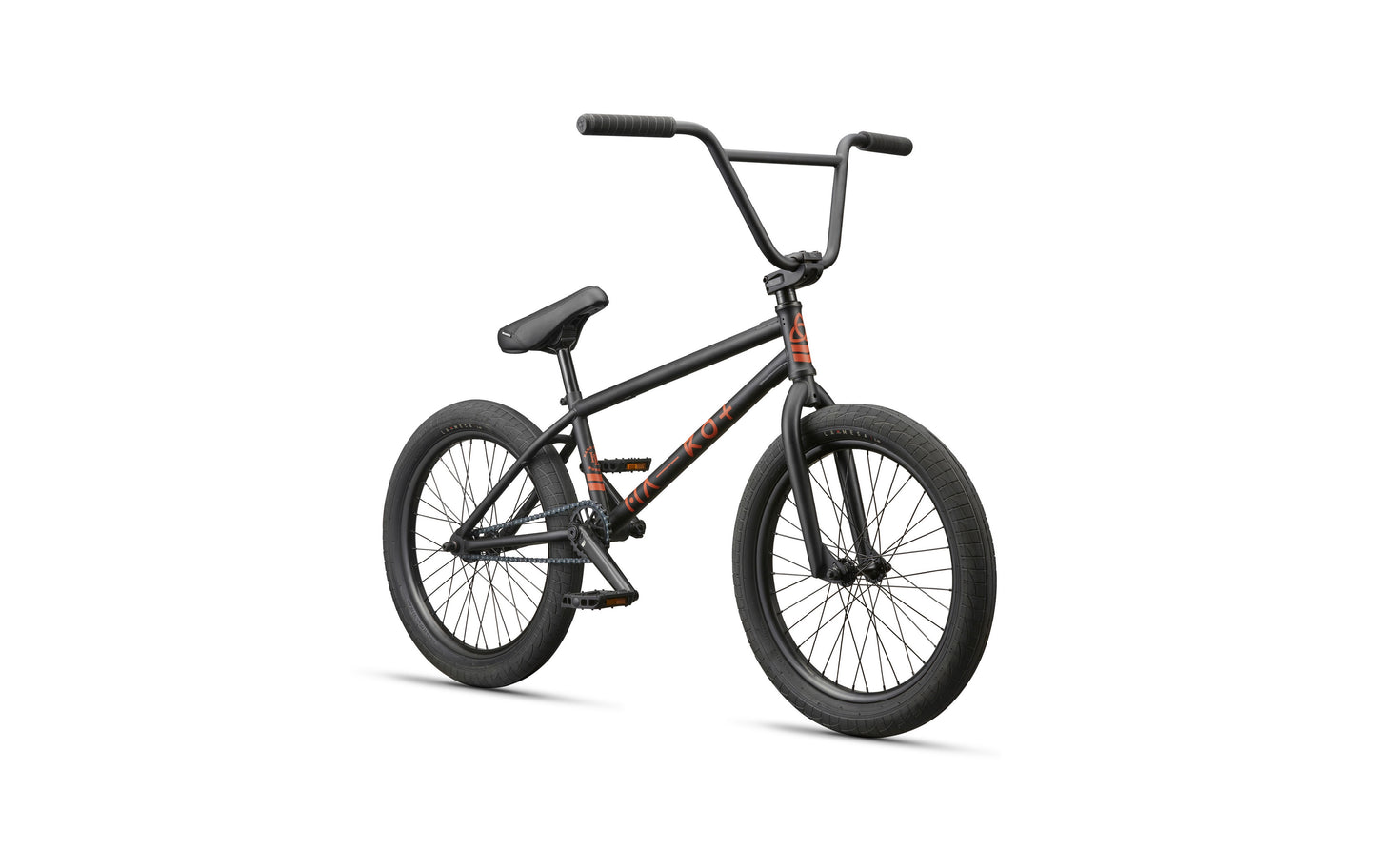 The Burgess BMX bike in black has thick tires, a padded seat, and orange accents, displayed on a white background.
