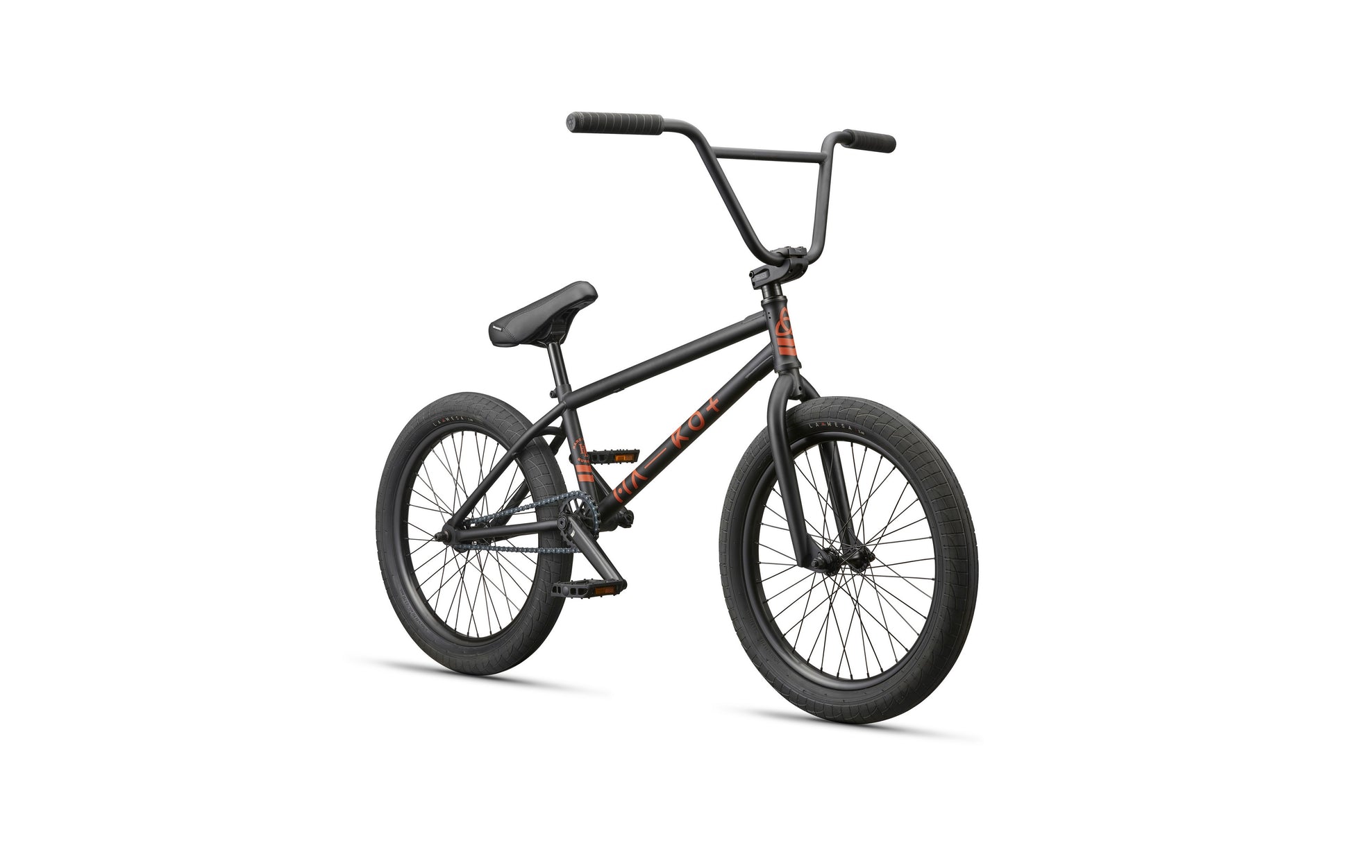 The Burgess BMX bike in black has thick tires, a padded seat, and orange accents, displayed on a white background.