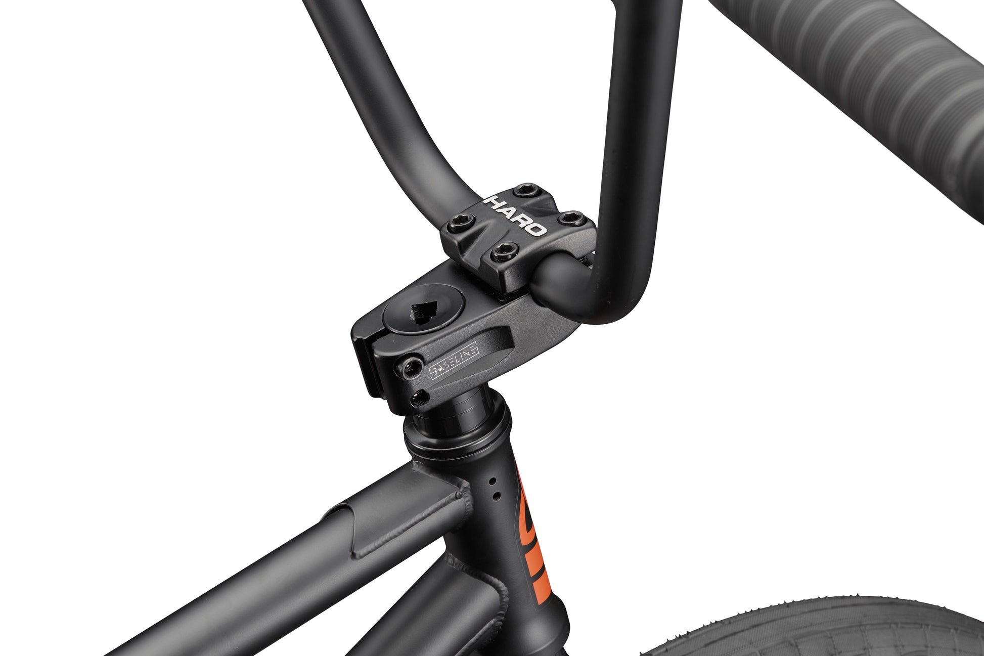 Close-up of the Burgess BMX’s handlebars, stem, and frame—an agile bike built for high-level riding against a white background.